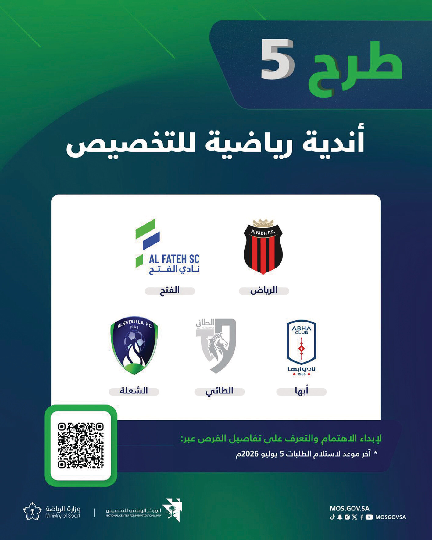 طرح خمسة أندية للتخصيص
