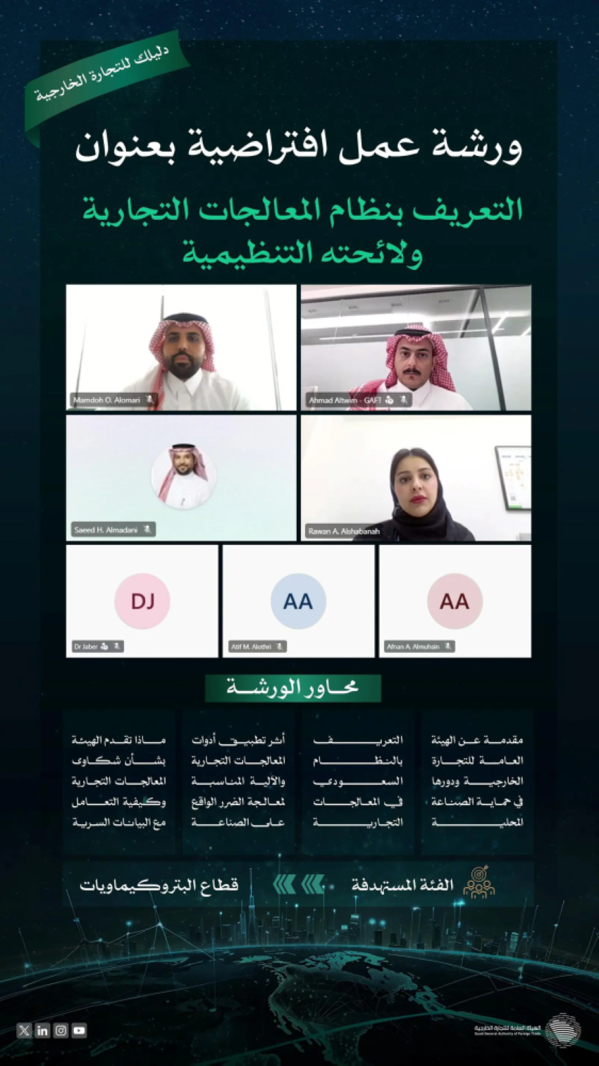 التجارة الخارجية تعقد ورشة عمل افتراضية للتعريف بنظام المعالجات التجارية ولائحته التنظيمية